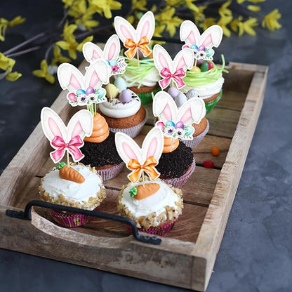 Ephlyn 36Pcs Happy Easter Cupcake Toppers - Rabbit Ear Cupcake Picks & Day Theme Baby Shower Kids Birthday Party Cake Decorations