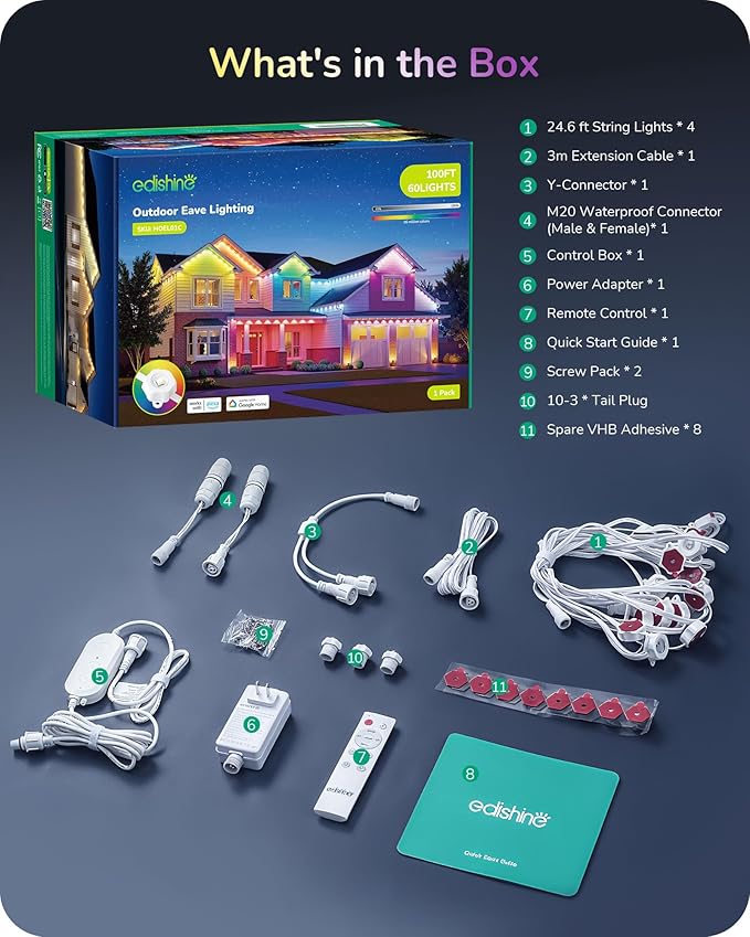 EDISHINE 100FT Cuttable Permanent Outdoor Lights PRO, 60 LED Smart RGB+IC+Warm White Eave Light, 111+ Scene Modes, App & Remote Control, IP67 Waterproof for House Christmas Decor, Alexa Google Enable
