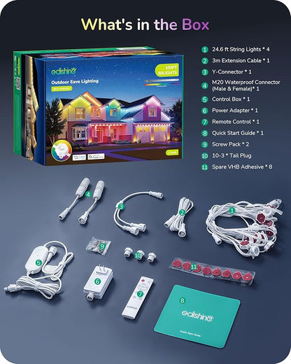 EDISHINE 100FT Cuttable Permanent Outdoor Lights PRO, 60 LED Smart RGB+IC+Warm White Eave Light, 111+ Scene Modes, App & Remote Control, IP67 Waterproof for House Christmas Decor, Alexa Google Enable