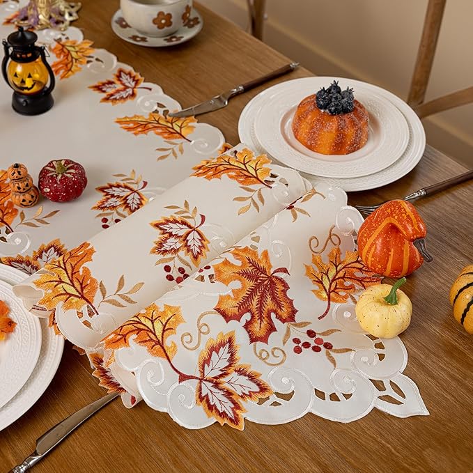 Joyfol Day Thanksgiving Table Runner 14 x 69 Inches, Cutwork Embroidered Maple Leaves Dresser Scarf, Fall Table Runners for Home Kitchen Dining, Autumn Harvest Party Tabletop Decoration