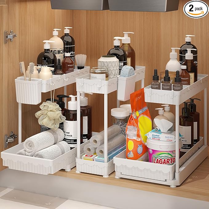 3 Pack Multi-Purpose Under Sink Organizers and Storage, 2026 L-Shaped Pull Out Cabinet Organizer for Bathroom & Kitchen, Under Cabinet Organizer with Hooks Hanging Cup (White, 12.85 inch)