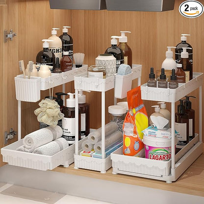 3 Pack Multi-Purpose Under Sink Organizers and Storage, 2026 L-Shaped Pull Out Cabinet Organizer for Bathroom & Kitchen, Under Cabinet Organizer with Hooks Hanging Cup (White, 14.85 inch)