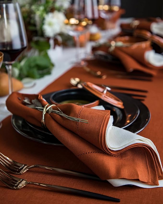Solino Home Linen Placemats Set of 4 - Classic Hemstitch Cinnamon Placemats 14 x 19 Inch - 100% Pure Linen Table Mats for Fall, Autumn, Winter