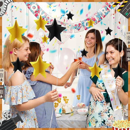 70 Pcs Black and Gold Star Centerpieces Black and Gold Party Birthday Decorations 3D 2025 Graduation Table Decor 3 Sizes 8" 5" 3" Red Carpet Film Show Theme Engagement Anniversary Supplies