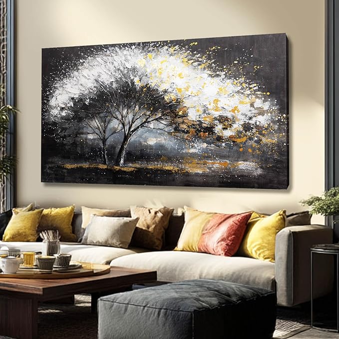 White and Gold Wall Art Tree Wall Decor Contemporary Landscape Canvas Art for Living Room Black Framed Wall Prints for Bedroom Office 24x48 Inch