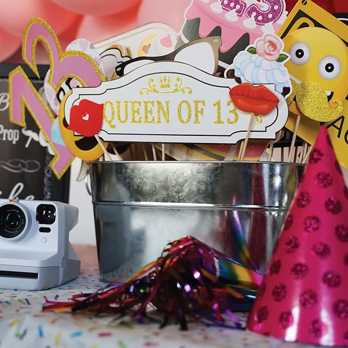 13th Birthday Photo Booth Props - 41-pc Photo Prop Kit with 8 x 10-Inch Sign, 60 Adhesive Pads, 45 Sticks - Teen Girl Photo Booth Props - Party Supplies 13th Birthday