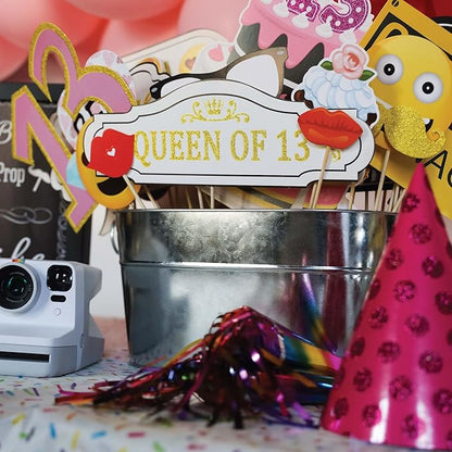 13th Birthday Photo Booth Props - 41-pc Photo Prop Kit with 8 x 10-Inch Sign, 60 Adhesive Pads, 45 Sticks - Teen Girl Photo Booth Props - Party Supplies 13th Birthday