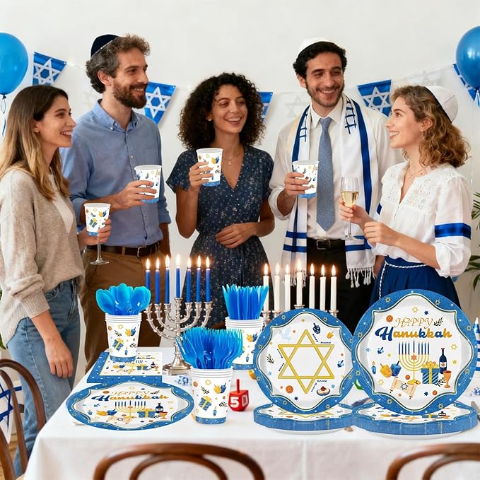 Hanukkah Plates and Napkins Set, Blue White Jewish Party Supplies for 24 Guests - Includes Disposable Paper Plates, Napkins, Cups & Cutlery for Hanukkah Decorations