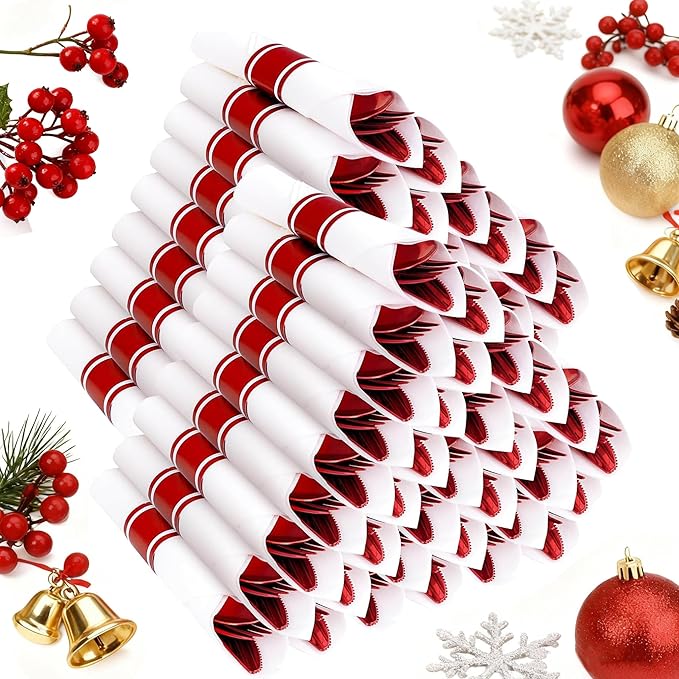 400PCS Pre Rolled Red Plastic Silverware Sets - Heavy Duty Red Cutlery - Include 100 Pack Wrapped Disposable Utensils with Napkins for Christmas Parties & Dinners & Weddings