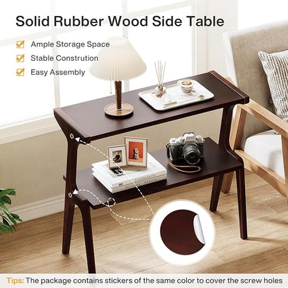 Tribesigns Solid Wood Side Table, 2-Tier Narrow Tall End Table with Storage Shelves, Slim Side Table for Couch, Long Bedside Table for Bedroom, Living Room, Burgundy