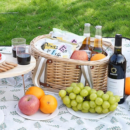 Picnic Basket Set for 4 - Wicker Insulated Picnic Basket with Folding Wine Table, Wine Picnic Kit with Liner for Couples, Camping, Outdoor, Valentine (Leaf)