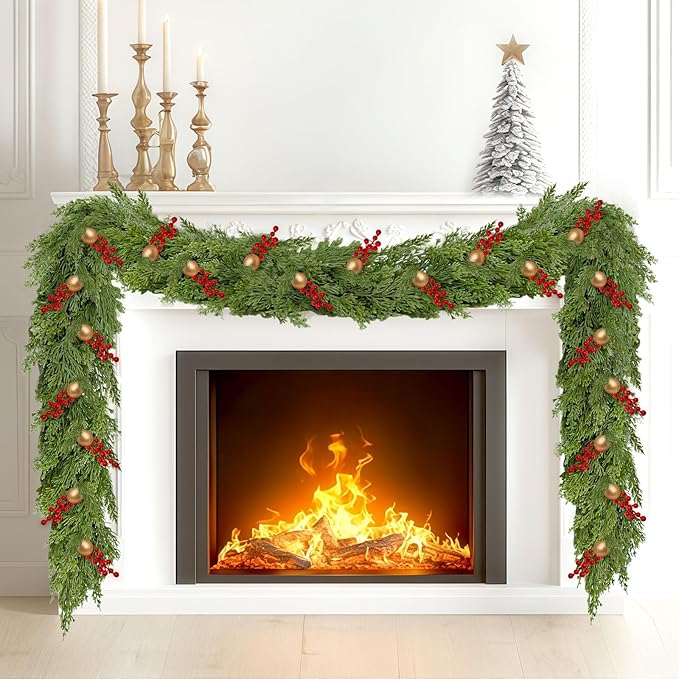 6FT Christmas Cedar Garland,Realistic Soft Faux Cedar Garlands,Thickness Pine Garland for Home Fireplace Mantle Table，Indoor Outdoor Christmas Decorations