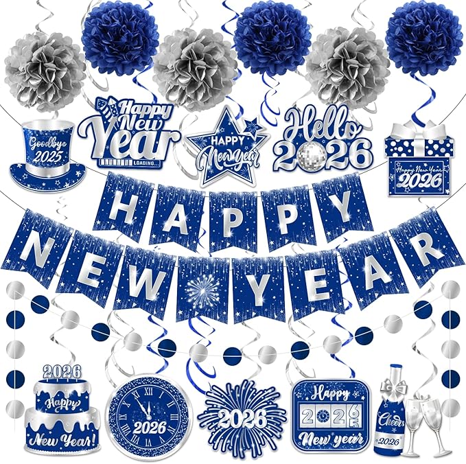Blue New Years Decorations 2026, NYE Party Supplies includes Happy New Year Banner Hanging Swirls and Blue and Silver Tissue Pom Poms, New Year Hanging Swirls for Indoor Outdoor Classroom Office