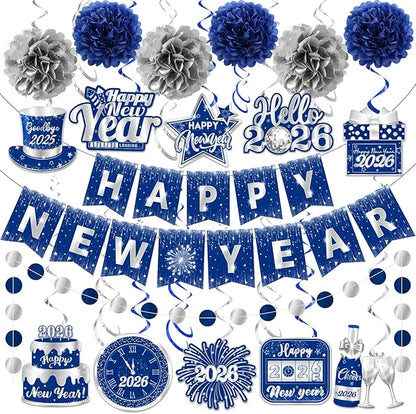 Blue New Years Decorations 2026, NYE Party Supplies includes Happy New Year Banner Hanging Swirls and Blue and Silver Tissue Pom Poms, New Year Hanging Swirls for Indoor Outdoor Classroom Office