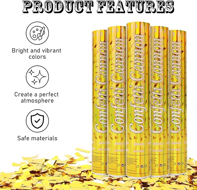 Confetti Poppers [5 Pack] 12 Inch Gold Confetti Cannons | Perfect for Graduation, New Year’s Eve, Weddings, Birthday Parties & All Celebrations | Gold Mylar Confetti for Festive Occasions