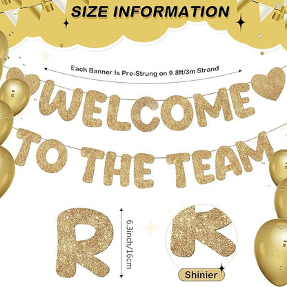 Fulmoon Pre Strung Welcome to The Team Banner with Two Heart Signs, NO DIY, Glitter Welcome Party Supplies for New Employee, Coworker, Colleague, Staff, Team Member Office Decorations(Champagne Gold)