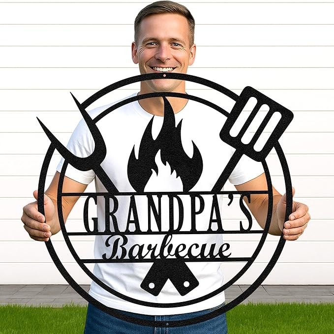 Custom BBQ Gathering Spot Metal Sign, Personalized Grill Name Cut Wall Decor for Patio, Rustic Backyard Party Gift
