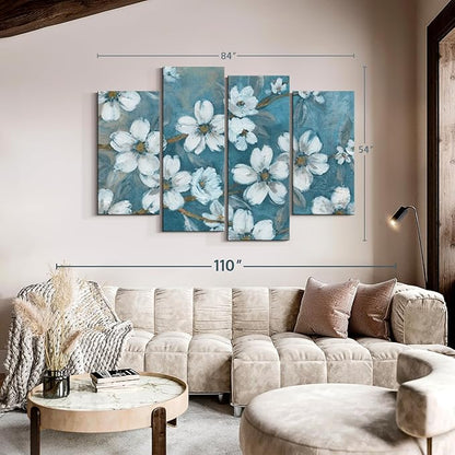 Elephant Stock Blossoms Of Evening Wall Art - Horizontal Canvas - 4-Piece Living Room Wall Decor - Blossom Painting Canvas Print - Blue and Gray Decor for Wall by Carol Robinson - 84" X 54"