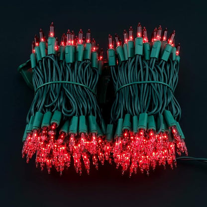 YULETIME 200 Red Christmas Lights, Pack of 2 Strands of 21 ft 100 Count UL Certified Incandescent Mini String Light (Red - Green Wire)