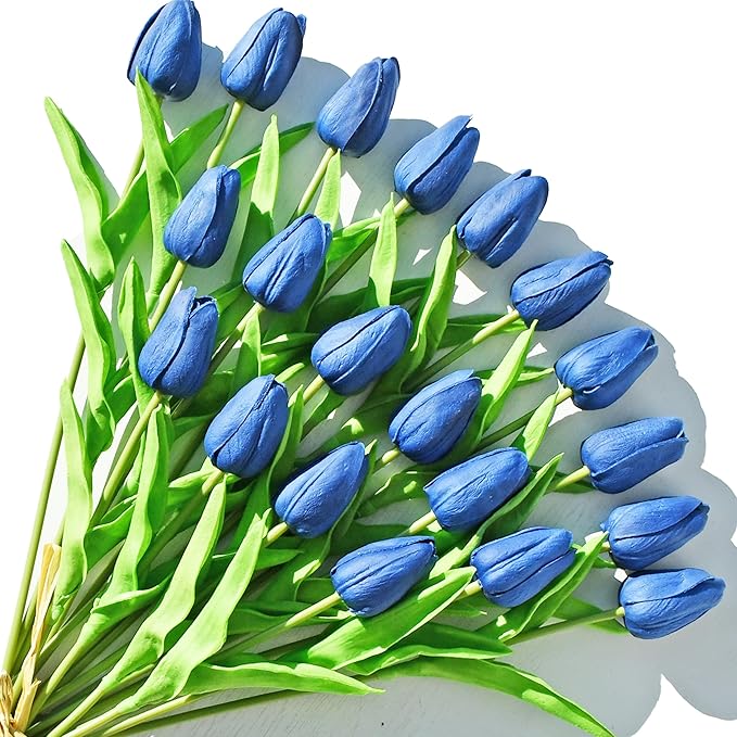 ONLY ART Artificial Navy Blue Tulips 20 Pcs – 13.5 Inch PU Faux Flowers with Bendable Stems for Home Décor, Wedding Centerpieces, DIY Floral Arrangements, Table Decorations