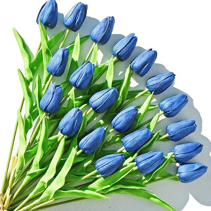 ONLY ART Artificial Navy Blue Tulips 20 Pcs – 13.5 Inch PU Faux Flowers with Bendable Stems for Home Décor, Wedding Centerpieces, DIY Floral Arrangements, Table Decorations