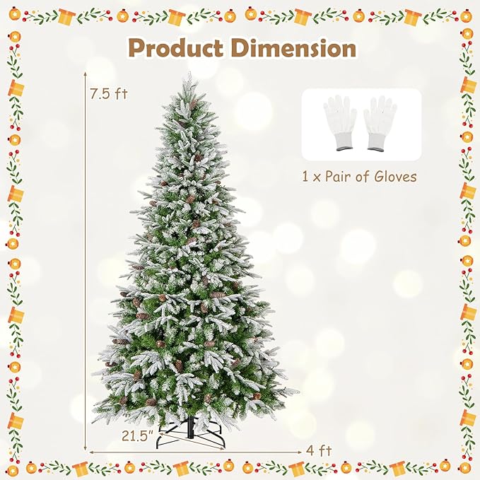GOFLAME 7.5FT Pre-Lit Artificial Christmas Tree, Snow Flocked Xmas Tree with 1135 Branch Tips, 470 Warm White LED Lights, 81 Pine Cones, Holiday Decoration Tree for Home Office Party