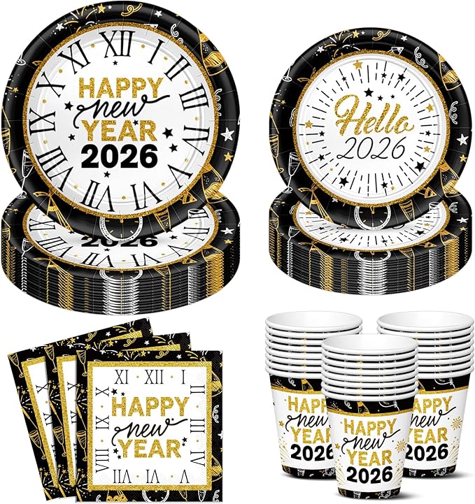 New Years Eve Party Supplies 2026-96 PCS Happy New Years Plates and Napkins Set-Nye Party Supplies Includes Happy New Year Plates Napkins Cups Nye Table Decorations 2026