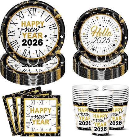 New Years Eve Party Supplies 2026-96 PCS Happy New Years Plates and Napkins Set-Nye Party Supplies Includes Happy New Year Plates Napkins Cups Nye Table Decorations 2026
