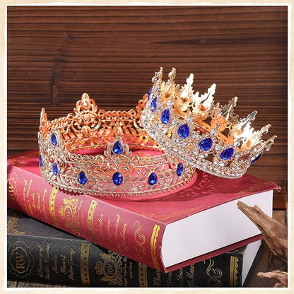 MTLEE 2 Pcs Prom King and Queen Crowns for Men Women King Queen Crowns Tiara with Rhinestone for Wedding Birthday Grad(Blue Gold, Blue Style)