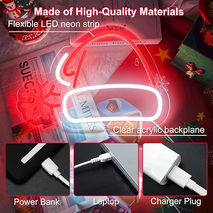 Christmas Hat Neon Sign, Red & White USB Plastic LED Light, Modern Holiday Decorative Signage for Wall Decor, Dimmable Christmas Decorations