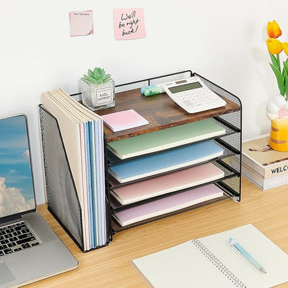 OPNICE 5-Tier Paper Organizer with Magazine Holder, Desk Organizers and Accessories, Office Desk Accessories & Workspace Organizers, Desktop File Organizer for Office Supplies Storage, Brown
