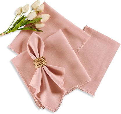 Solino Home Fringe Linen Cloth Napkins Set of 4-100% Pure Linen Misty Pink Dinner Napkins 20 x 20 Inch - Handcrafted and Machine Washable
