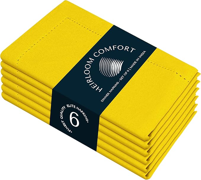 Lemon Yellow Cloth Napkins 18"x18", Set of 6 - Soft, Absorbent, Reusable, Washable - Elegant Hemstitch Mitered Edges - 100% Cotton Dinner Napkin for Birthday Parties, Spring, Summer