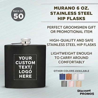 Custom Murano Stainless Steel Hip Flasks 6 oz. Set of 50, Personalized Bulk Pack - Screw on Cap, Great for Wedding Party Gifts, Groomsmen Gifts, Outdoor Activities - Black