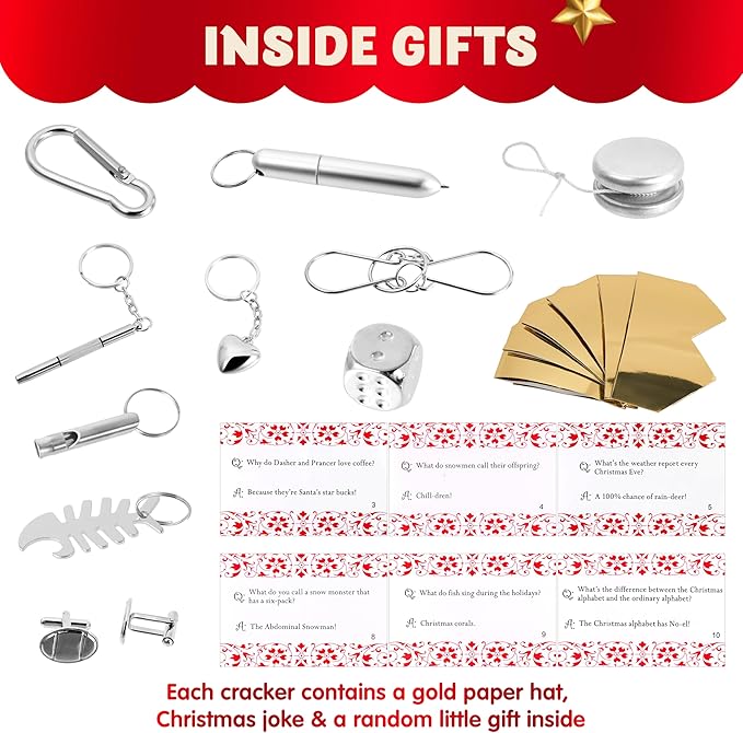 JOYIN 10 Pack Christmas No-Snap Party Favors, Green Xmas Table Favor for Kids Includes Party Hat, Jokes & Gifts, Cute Gifts for Christmas Table Decorations, Dinner Traditions Party Supplies