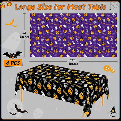 QZYL 4 Pack Halloween Coloring Tablecloth, 54" x 108" Pumpkin Decorations, Purple Disposable Table Cloth Black Plastic Tablecover, Halloween Party Decor Supplies Indoor Outdoor
