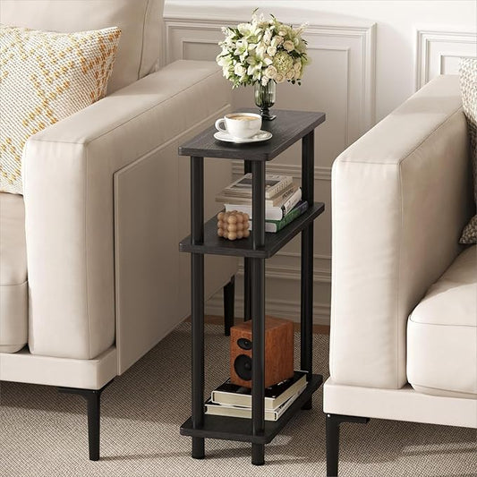 Apicizon Small Narrow Side Table, 3-Tier Skinny End Table with Storage Shelf, Slim Nightstand Bedside Table for Small Spaces, Living Room, Bderoom, Black