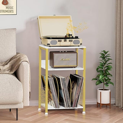LELELINKY Side Table,White Marble Night Stand with Golden Metal Frame,3 Tier Industrial Wooden Record Player Stand with Vinyl Storage Shelf ,End Tables for Living Room Bedroom Small Spaces