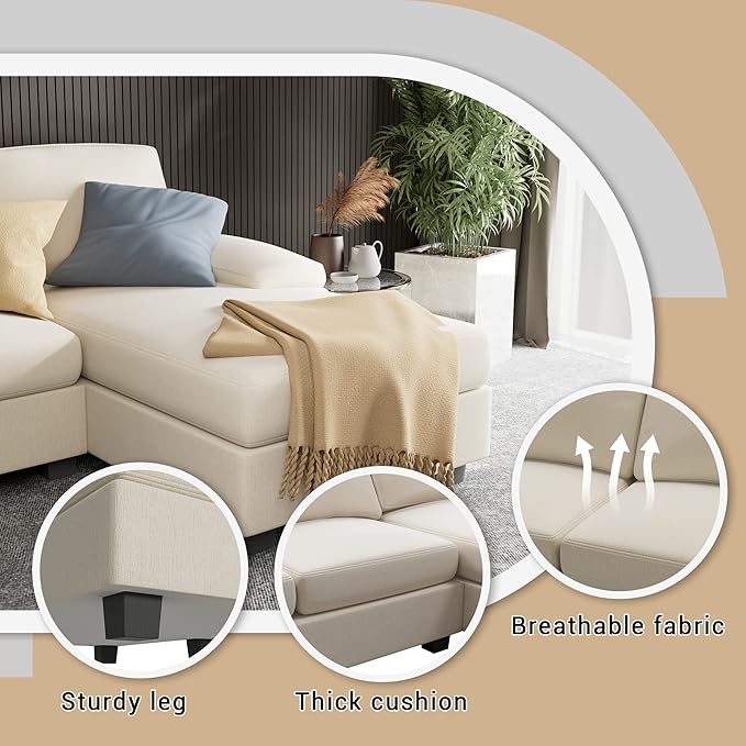 Furniwell Convertible Sectional Sofa Couch, 4 Seat Sofa Set for Living Room U-Shaped Modern Fabric Modular Sofa Sleeper with Double Chaise & Memory Foam (Fabric, White)