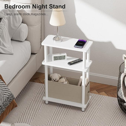 Apicizon Small Narrow Side Table, 3-Tier Skinny End Table with Fabric Basket, Slim Nightstand Bedside Table for Small Spaces, Living Room, Bderoom, White
