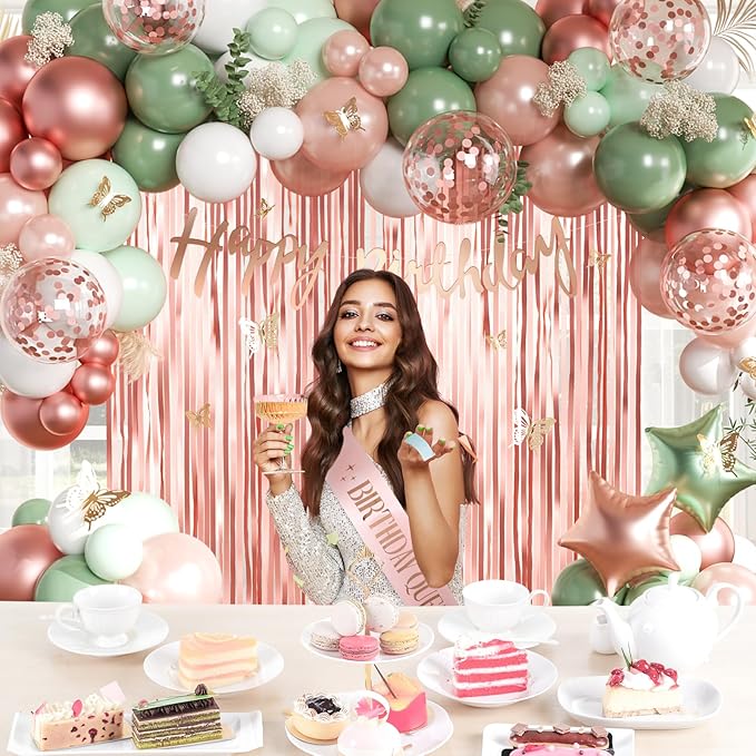 Sage Green and Rose Gold Birthday Party Decorations with Happy Birthday Banner, Green White Rose Gold Foil Balloons, Sash, Fringe Curtain, Cake Topper, Butterfly for Women Girls Party Supplies