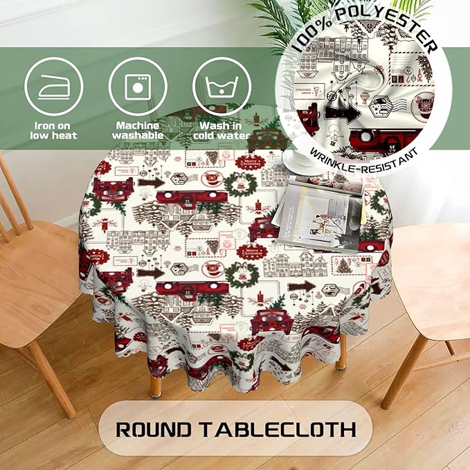 Eikione 60 Inch Round Merry Christmas Tablecloth, Truck Christmas Tree Tablecloth, Stain Resistant Dining Table Cover for Holiday Decor