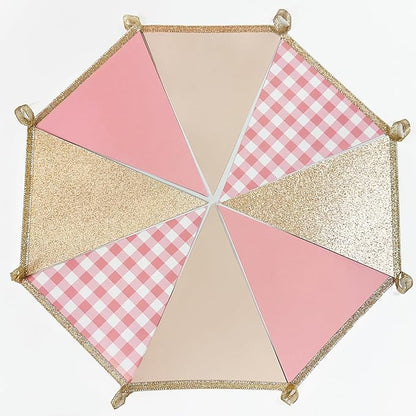 Dusty Rose Pink Buffalo Plaid Champagne Gold Party Decorations Pennant Banner Flag Hanging Glitter Paper Triangle Bunting for Women Girls Birthday Baby Shower Wedding Bridal Shower Hen Party Supplies