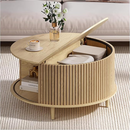 Round Coffee Table with Storage, 31.5" Natural Oak Fluted Center Table with Sliding Door, Modern Circle Drum Table for Living Room, Scandi Wood Furniture for Small Spaces