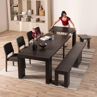 Transformer Table - Solid Wood Extendable Dining Table, Seats 2-12, Expandable Dining Room Table, Space-Saving Furniture, Kitchen and Dining Room Furniture (Black, Table + Bench + 4 Chairs)
