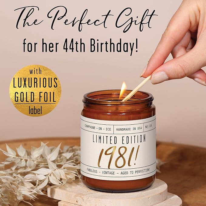 44th Birthday Gifts for Women - 'Limited Edition 1981' Soy Candle, w/Champagne on Ice I 44 Birthday Gifts for Women I 44th Gift for Her Ideas I 9oz Reusable Jar, 50Hr Burn, Made in USA