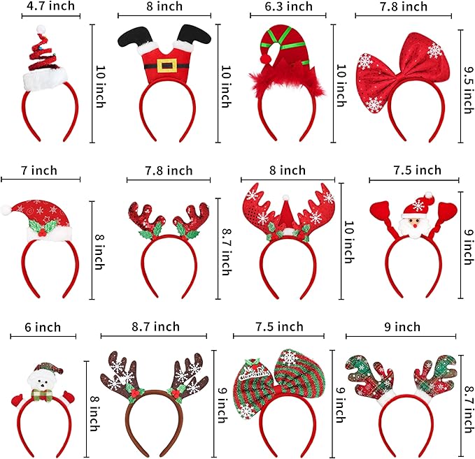 MNKXL 12PCS Christmas Headbands for Adults Bulk,Xmas Headwear Party Favors for Women,Santa Hat Headband