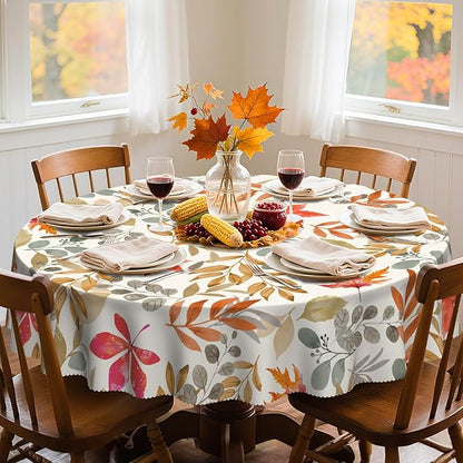 Eikione Fall 60Inch Round Tablecloth, Fall Maple Leaf Round Table Cloth, Waterproof, Wrinkle Free Polyester Table Cover for Autumn Picnics, Halloween Dining Decorations