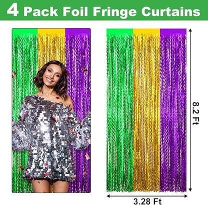 4 Pack Gold Green Purple Fringe Curtain Backdrop 3.2Ft x 8.2Ft Metallic Tinsel Foil Fringe Streamers Background for Photo Booth Mother's Day, Easter, Carnival, Birthday, Wedding Party Decoration