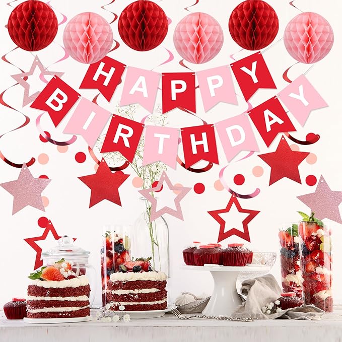 meowtastic Birthday Decorations, Happy Birthday Banner with Honeycomb Balls, Stars Hanging Swirl Streamers, Circle Dots Garland, Happy Birthday Party Decorations for Women Men Boys Girls (Red)